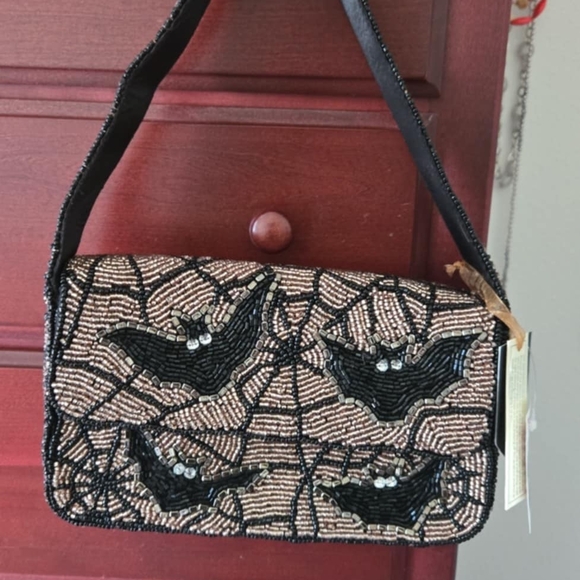 India Boutique Black and Tan Beaded Clutch